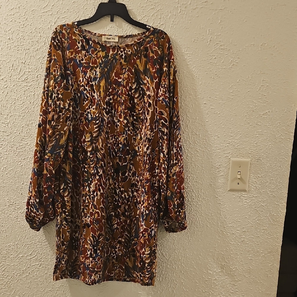 Beeson River Multicolor Printed Long Sleeve Dress in Brown, Navy & Cream
